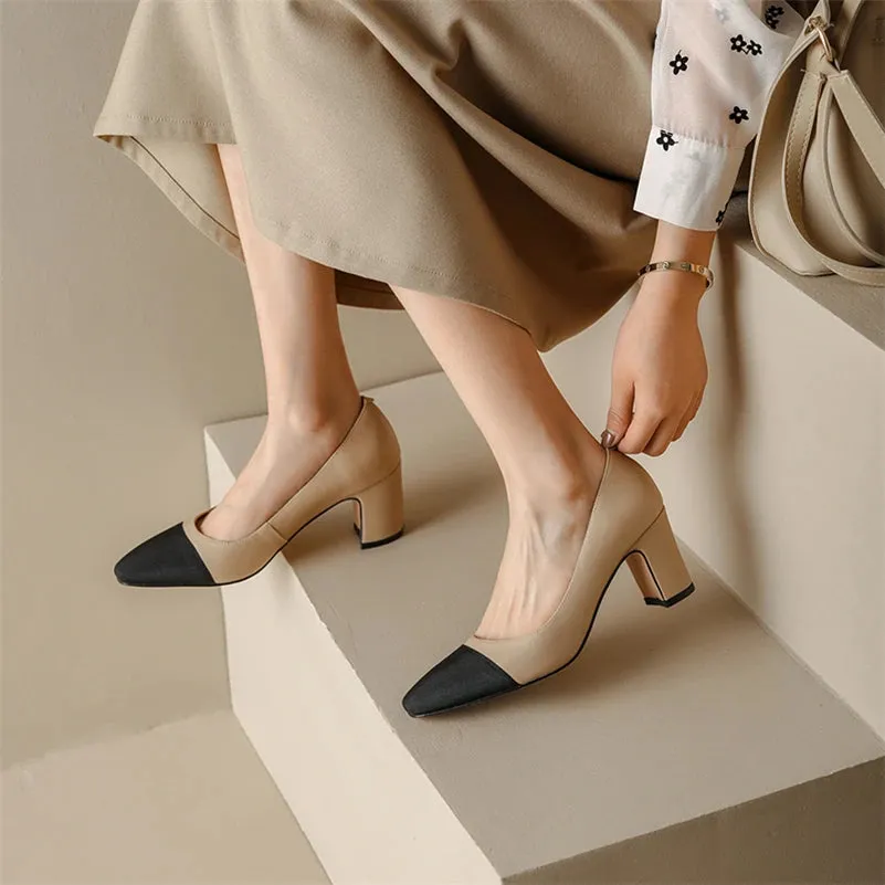 Women's Genuine Leather Thick Heels Duo Tone Pumps
