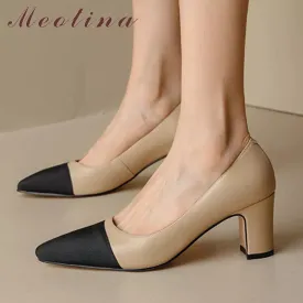 Women's Genuine Leather Thick Heels Duo Tone Pumps