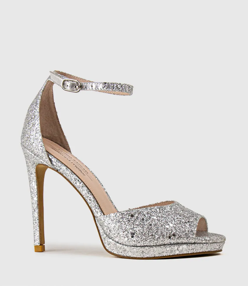 WREN110 Peep toe Platform Sandal in Silver Sparkle