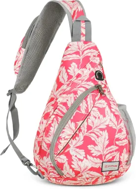 ZOMAKE Sling Bag for Women Men, Small Crossbody Sling Backpack, Mini Water Resistant Shoulder Bag, Anti Thief Chest Daypack for Travel Hiking Outdoor Sports(Fushcia White Leaf)